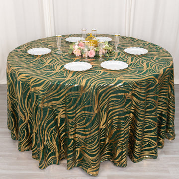 Infuse Splendor into Your Event with the Hunter Emerald Green Gold Wave Mesh Round Tablecloth