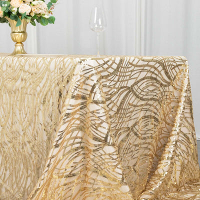 Gold sequined tablecloth draping elegantly over a table.