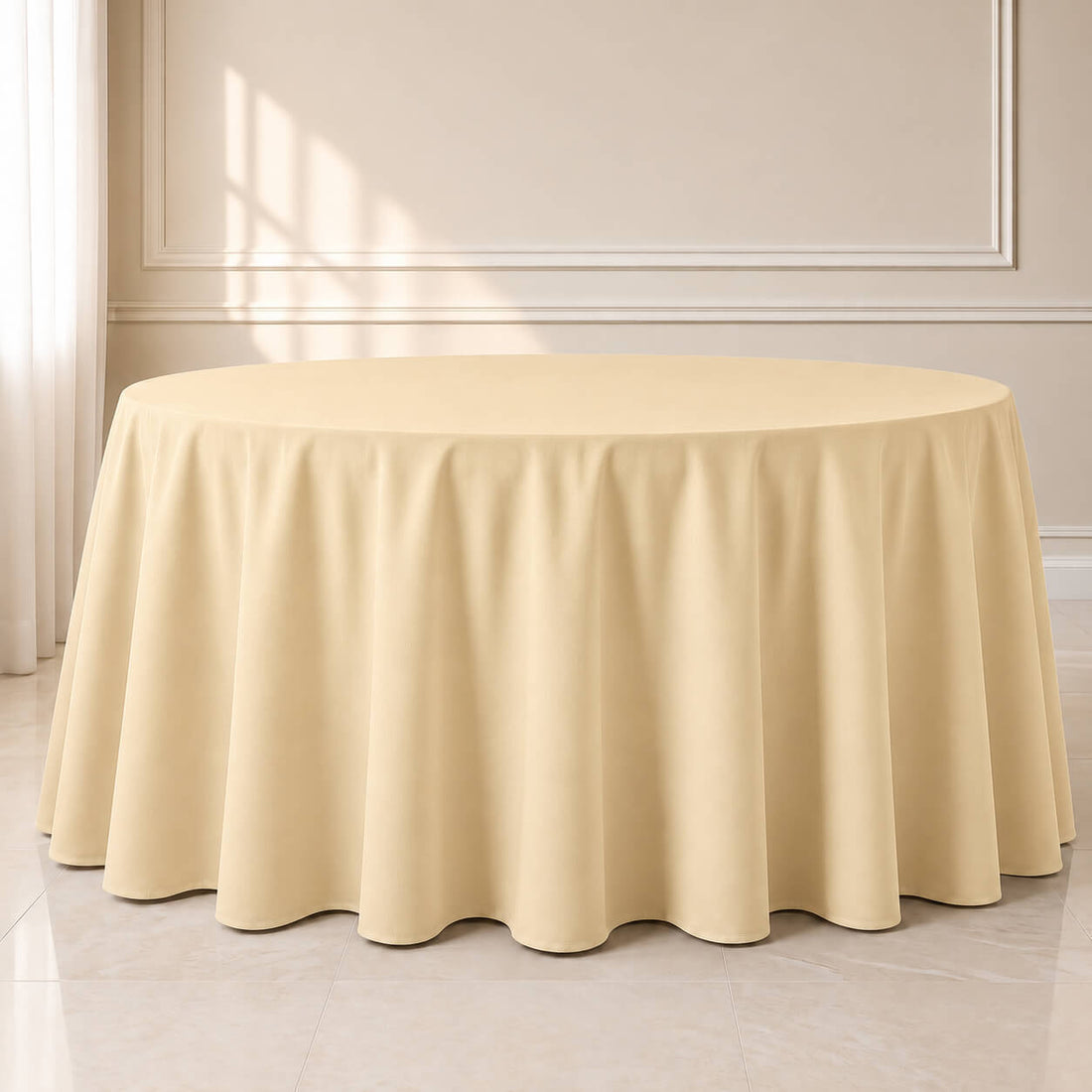 Beige polyester round tablecloth, 120 inches, durable seamless cover.