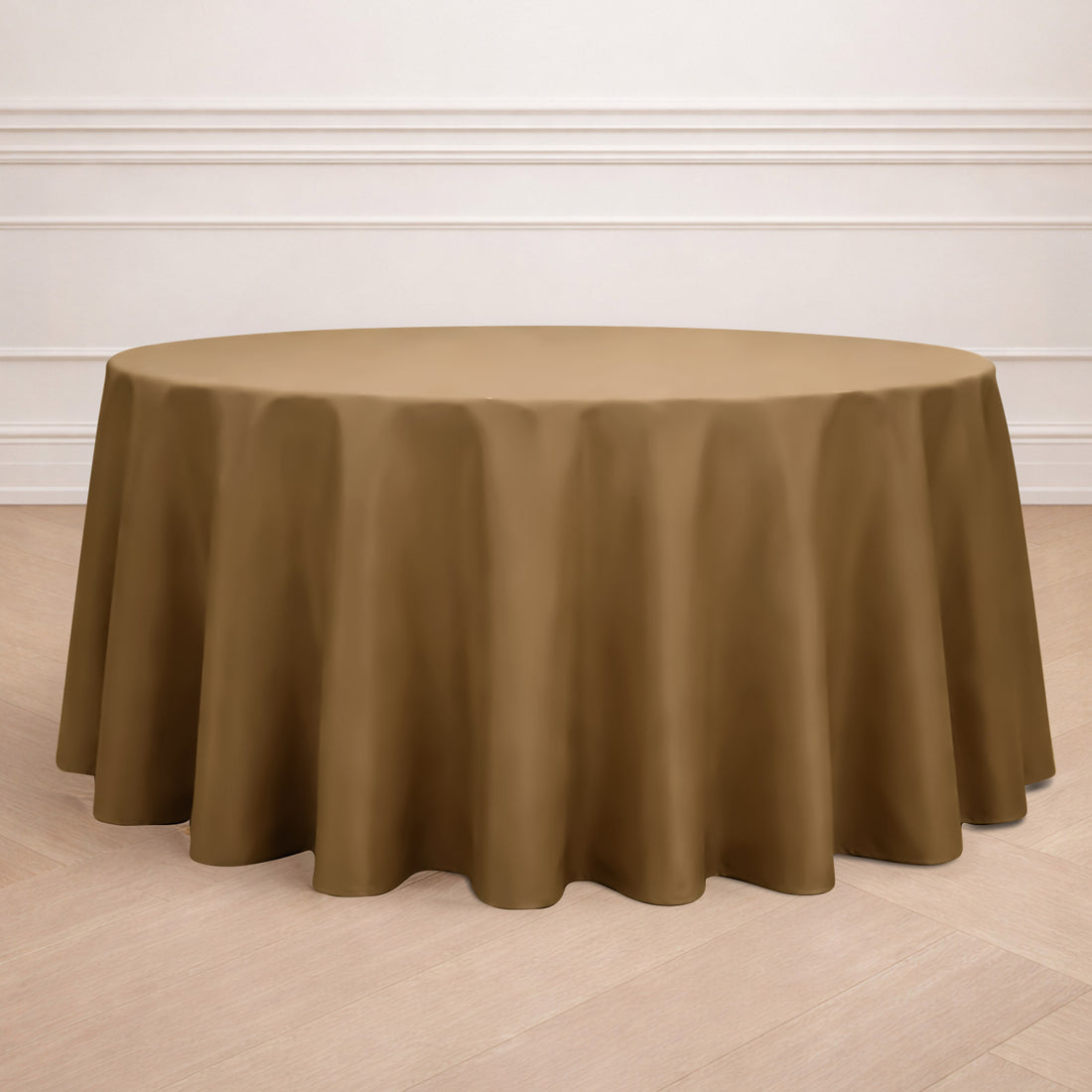 Brown round tablecloth draped on a table in an elegant setting.
