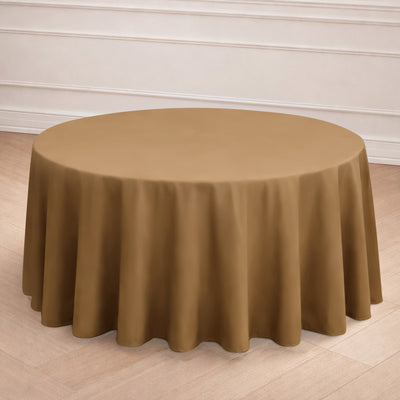 Round brown tablecloth draped elegantly over a table.