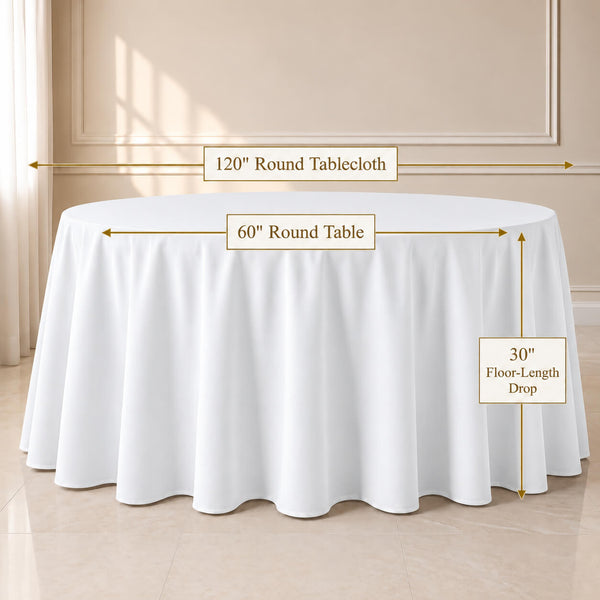 A white round tablecloth draped over a 60-inch round table in a beige room, with measurement callouts indicating the tablecloth is 120 inches wide and drops 30 inches on the floor.