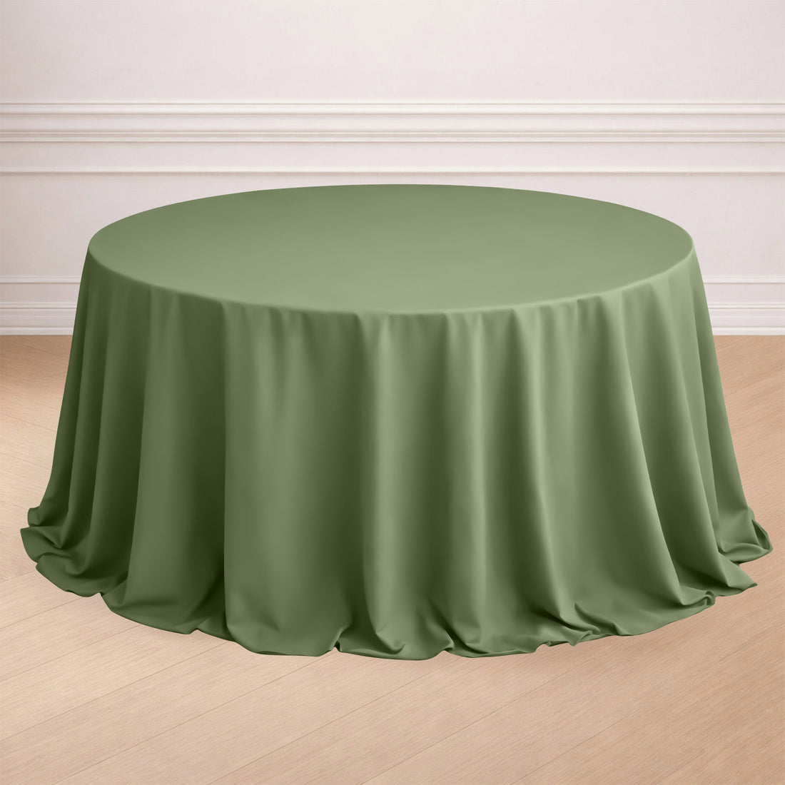 Round olive green tablecloth draped elegantly over a table.