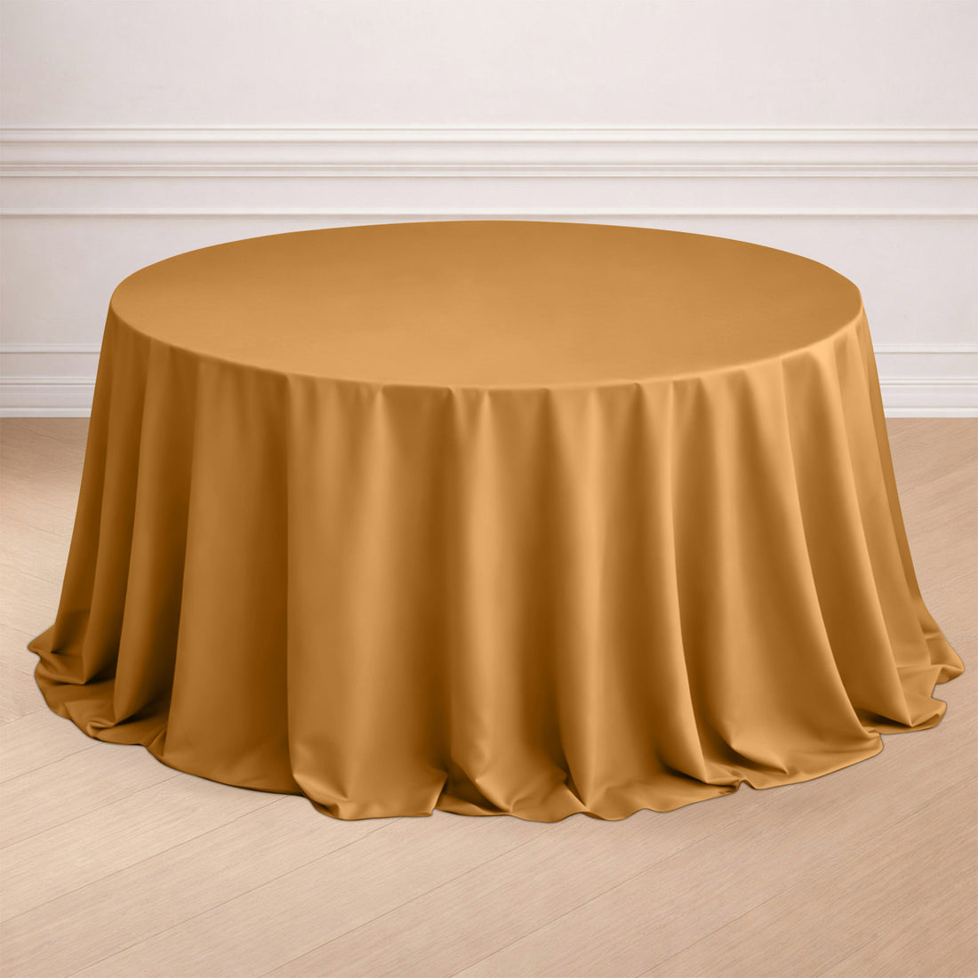Round mustard tablecloth draped elegantly over a circular table.
