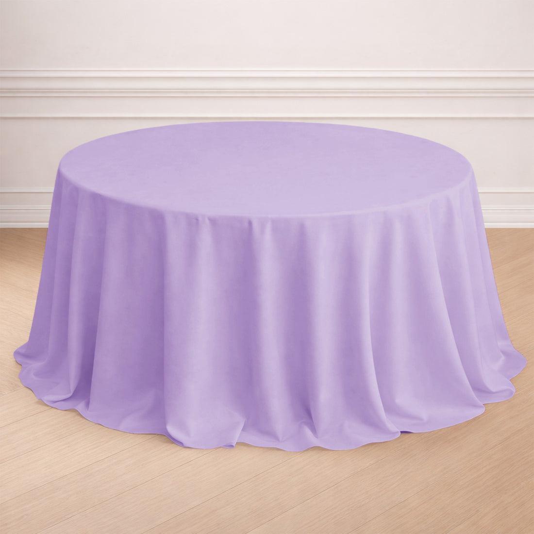 Round lavender tablecloth draped elegantly over a table.