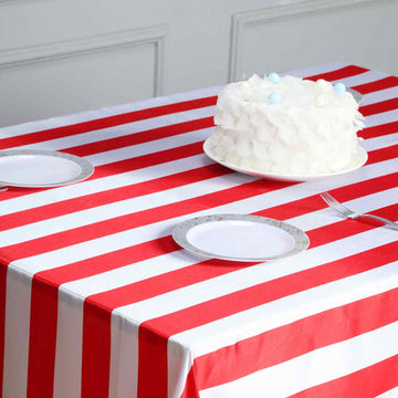 Create a Striking Tablescape with the Red/White Seamless Stripe Satin Rectangle Tablecloth 60"x102"