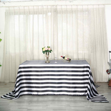 Elegant Black and White Seamless Stripe Satin Rectangle Tablecloth 90"x156"