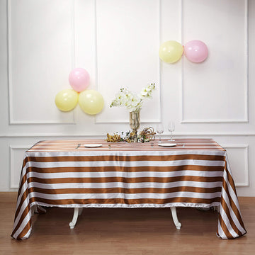 Elevate Your Event with the Gold / White Seamless Stripe Satin Rectangle Tablecloth