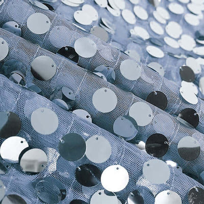 Shimmering blue sequin fabric with round mirror-like discs. #whtbkgd
