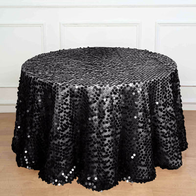 Sequin Round Tablecloth 120" Black with Big Payette Design - Seamless Sparkly Decor for Premium Events