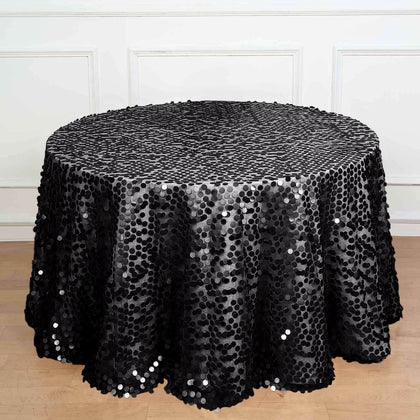 Sequin Round Tablecloth 120" Black with Big Payette Design - Seamless Sparkly Decor for Premium Events
