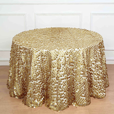 Gold sequin tablecloth with round shape and elegant design.