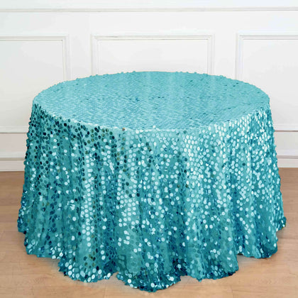 Sequin Round Tablecloth 120" Turquoise - Big Payette Seamless Table Cover