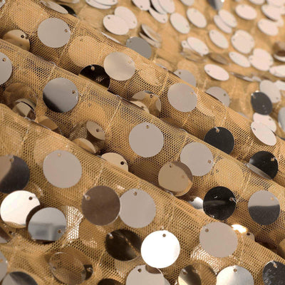 Gold sequin fabric with reflective circles, ideal for costumes and decorations. #whtbkgd