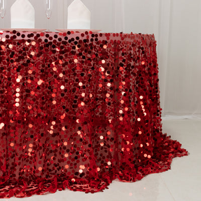 Red sequin tablecloth with shimmering dots for festive events.