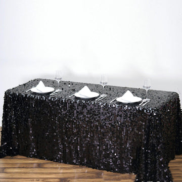 Elevate Your Event with the Black Seamless Big Payette Sequin Rectangle Tablecloth