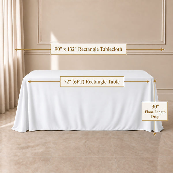 90"x132" White rectangular tablecloth for elegant wedding receptions.