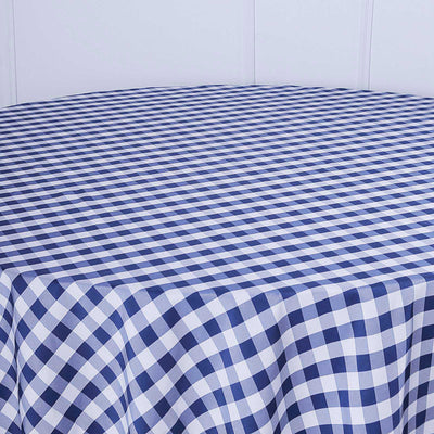Blue and white gingham tablecloth on a round table