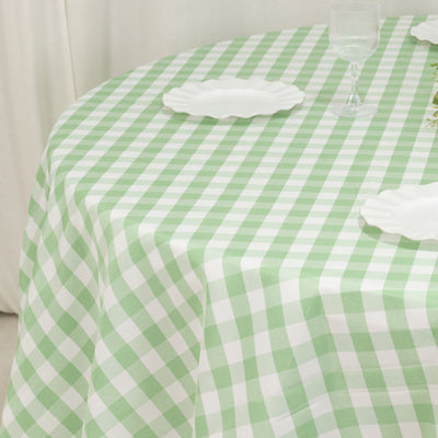 Green and white checkered tablecloth draped over a table.