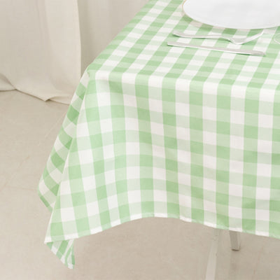 Green and white checkered tablecloth on a neutral surface.