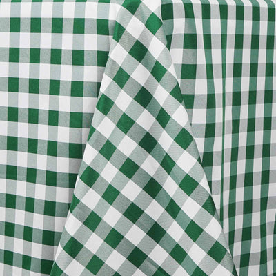 Green and white checkered tablecloth draped elegantly.