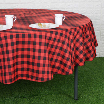 Versatile and Stylish Round Black/Red Checkered Polyester Table Linen