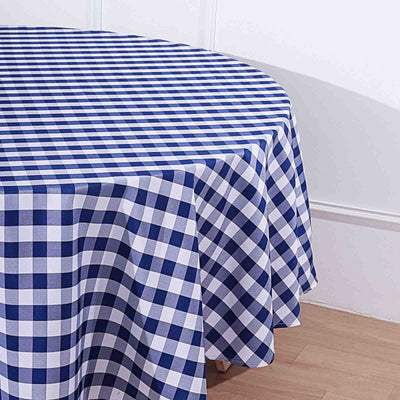 Navy and white checkered tablecloth on a round table