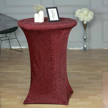 Add a Pop of Color with the Burgundy Metallic Shiny Glittered Spandex Cocktail Table Cover