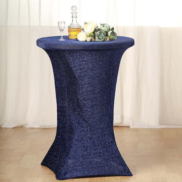 Transform Your Event Decor with the Navy Blue Metallic Shiny Glittered Spandex Cocktail Table Cover