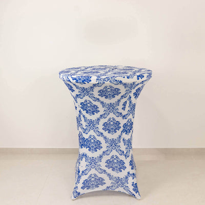 Blue and white patterned table cover on a round table