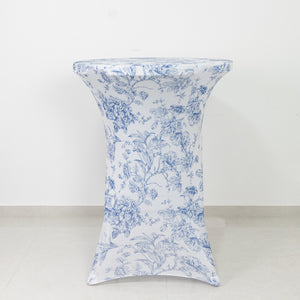 Floral-patterned stretch table cover on a round table