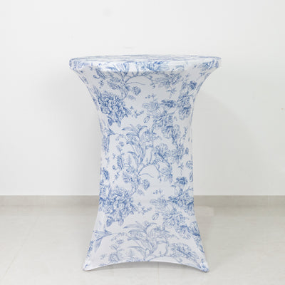 Floral-patterned stretch table cover on a round table