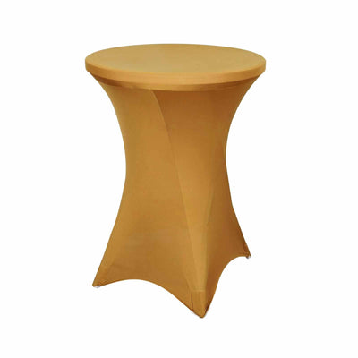 Gold stretch table cover for round tables, perfect for events and parties.