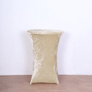 Elevate Your Event with the Beige Crushed Velvet Stretch Fitted Round Highboy Cocktail Table Cover
