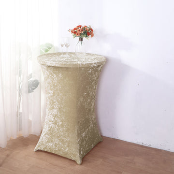 Create a Picture-Perfect Table Setting with the Beige Crushed Velvet Fitted Round Highboy Table Cover