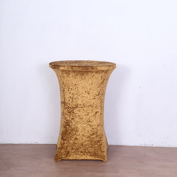 Elevate Your Event Decor with the Gold Crushed Velvet Stretch Fitted Round Highboy Cocktail Table Cover