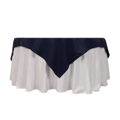 Navy and white tablecloth with a scalloped edge design