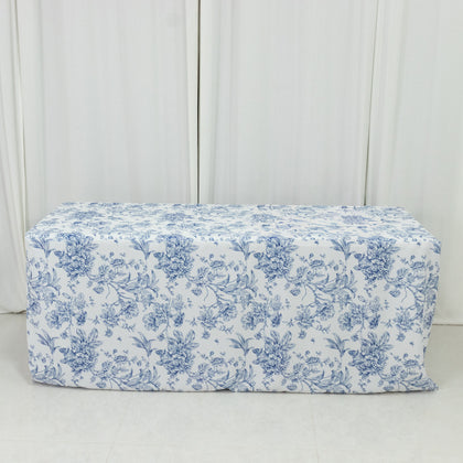 French Toile Fitted Polyester Tablecloth 6ft – Blue & White Rectangular Wrinkle-Resistant Table Cover