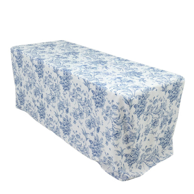 Blue floral tablecloth on a rectangular table