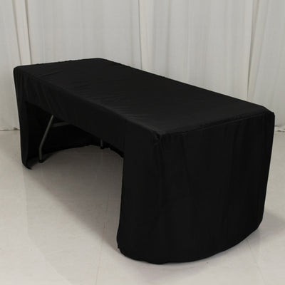 Black table cover for events and parties, fitted design for a sleek look.
