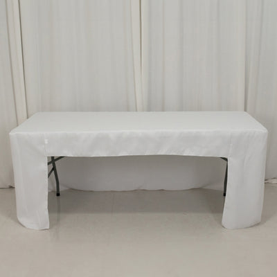 White table with a tablecloth, perfect for events and gatherings.