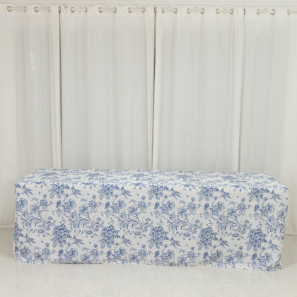 French Toile Fitted Polyester Tablecloth 8ft – Blue & White Rectangular Wrinkle-Resistant Table Cover