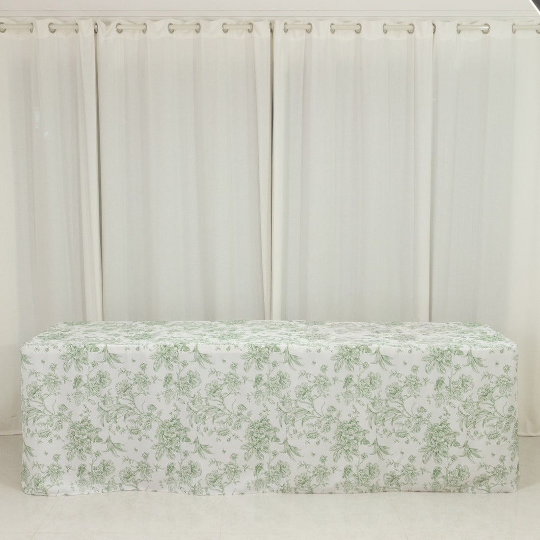 Floral tablecloth with green patterns on a plain white background