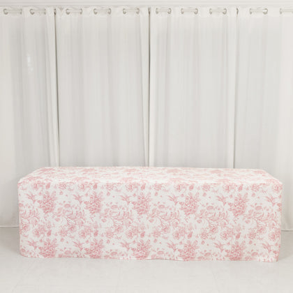 French Toile Fitted Polyester Tablecloth 8ft – Pink & White Rectangular Wrinkle-Resistant Table Cover