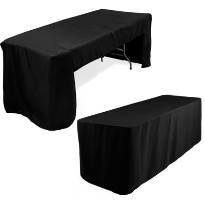 Black table cover for events and gatherings, versatile for various table sizes.