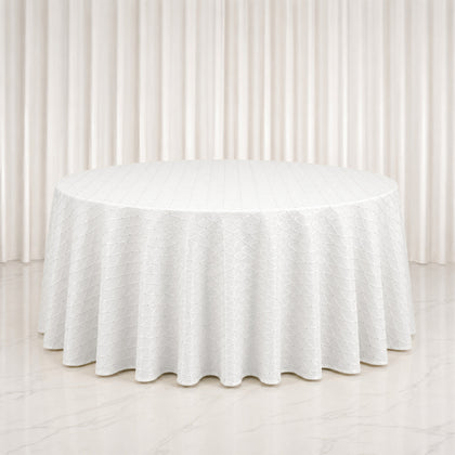 120" Round White Jacquard Tablecloth - Diamond Trellis with Gold Accent Dots