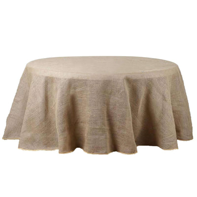 Round burlap tablecloth with a rustic design.