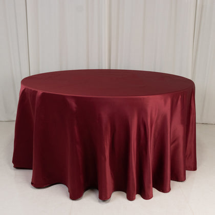 Lamour Satin Round Tablecloth 120" Burgundy - Seamless Table Cover