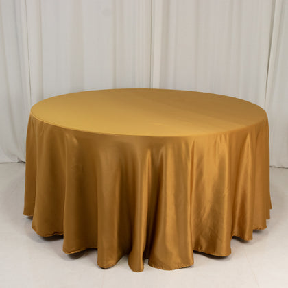 Lamour Satin Round Tablecloth 120" Gold - Silk-Like Seamless Table Cover for Exquisite Weddings