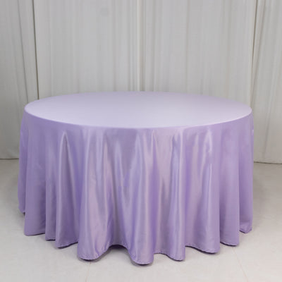 Round lavender tablecloth with a smooth, shiny finish.
